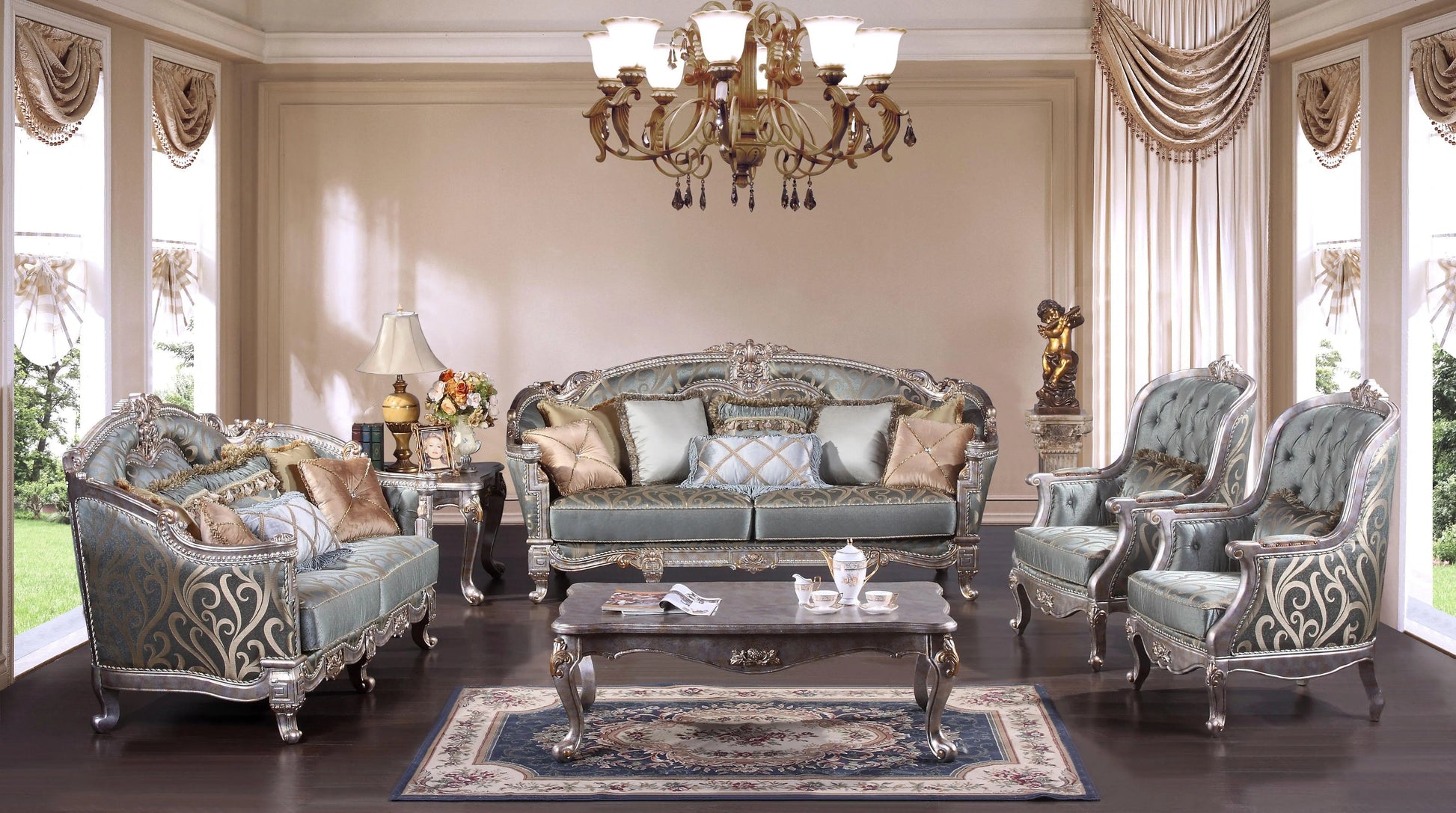 Zara Traditional Sofa and Loveseat in Silver Wood Finish by Cosmos Furniture Cosmos Furniture