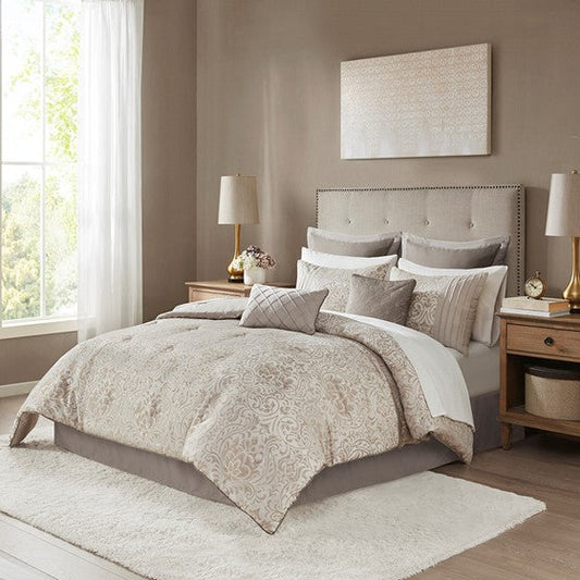 12 Piece Jacquard Comforter Set with Bed Sheets Khaki Cal King Olliix.com