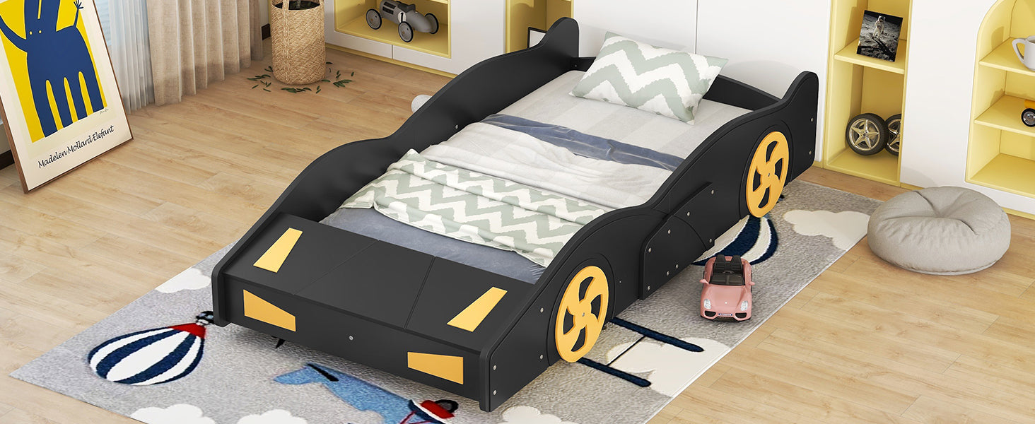 Twin Size Race Car-Shaped Platform Bed with Wheels and Storage, Black+Yellow House to Home Furnishings LLC