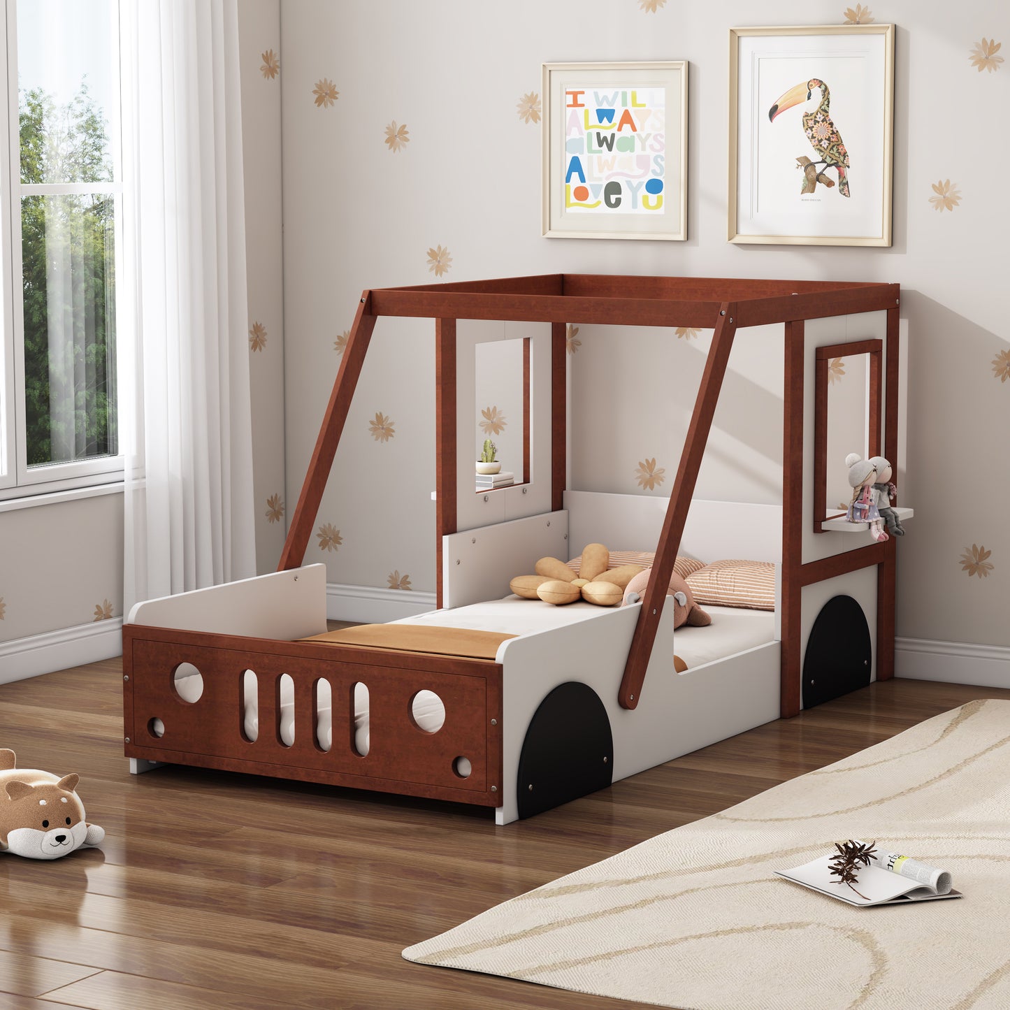 Fun Play Design Twin Size Car Bed, Kids Platform Bed in Car-Shaped for Kids Boys Girls Teens,White+ Orange House to Home Furnishings LLC