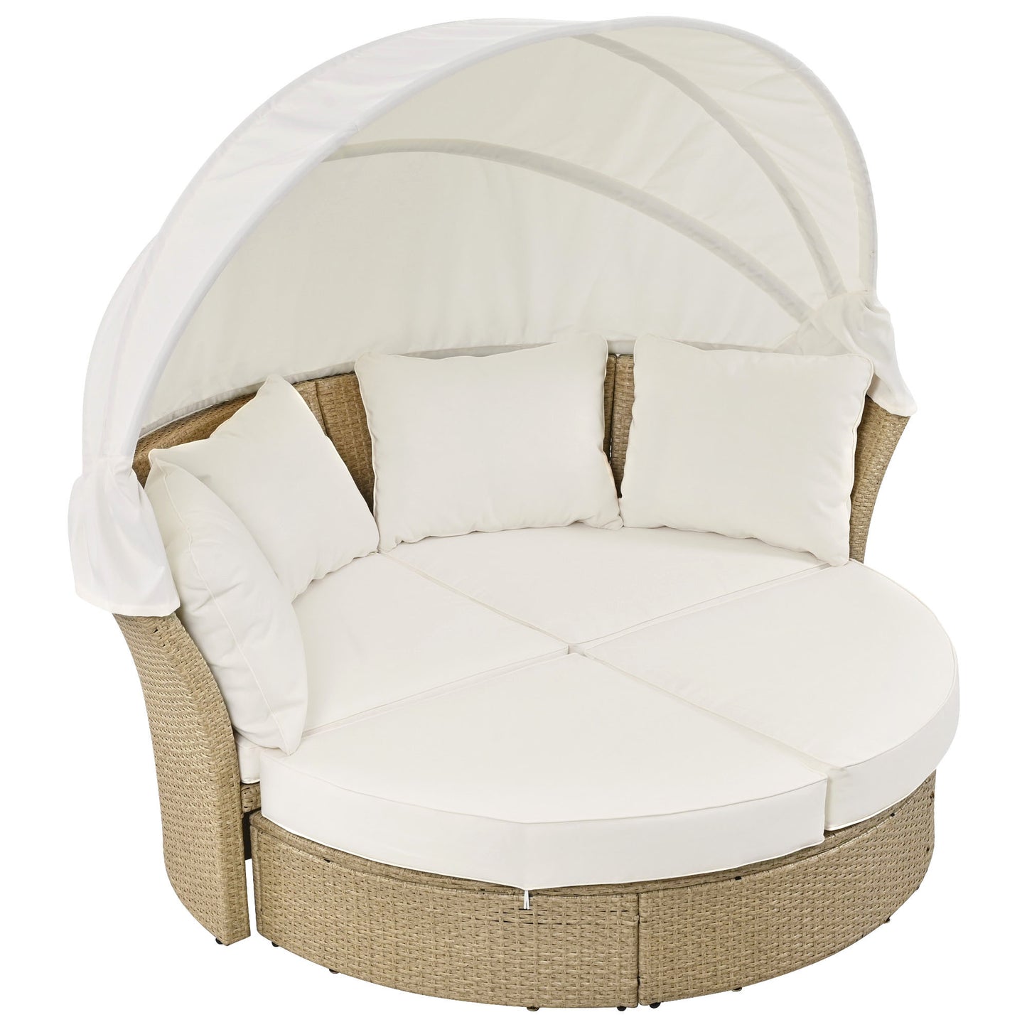 Outdoor Patio Daybed Wicker Rattan Double Daybed Round Sofa Furniture Set with Retractable Canopy, 4 Pillows for Lawn Garden Backyard Porch Pool, Beige House to Home Furnishings LLC