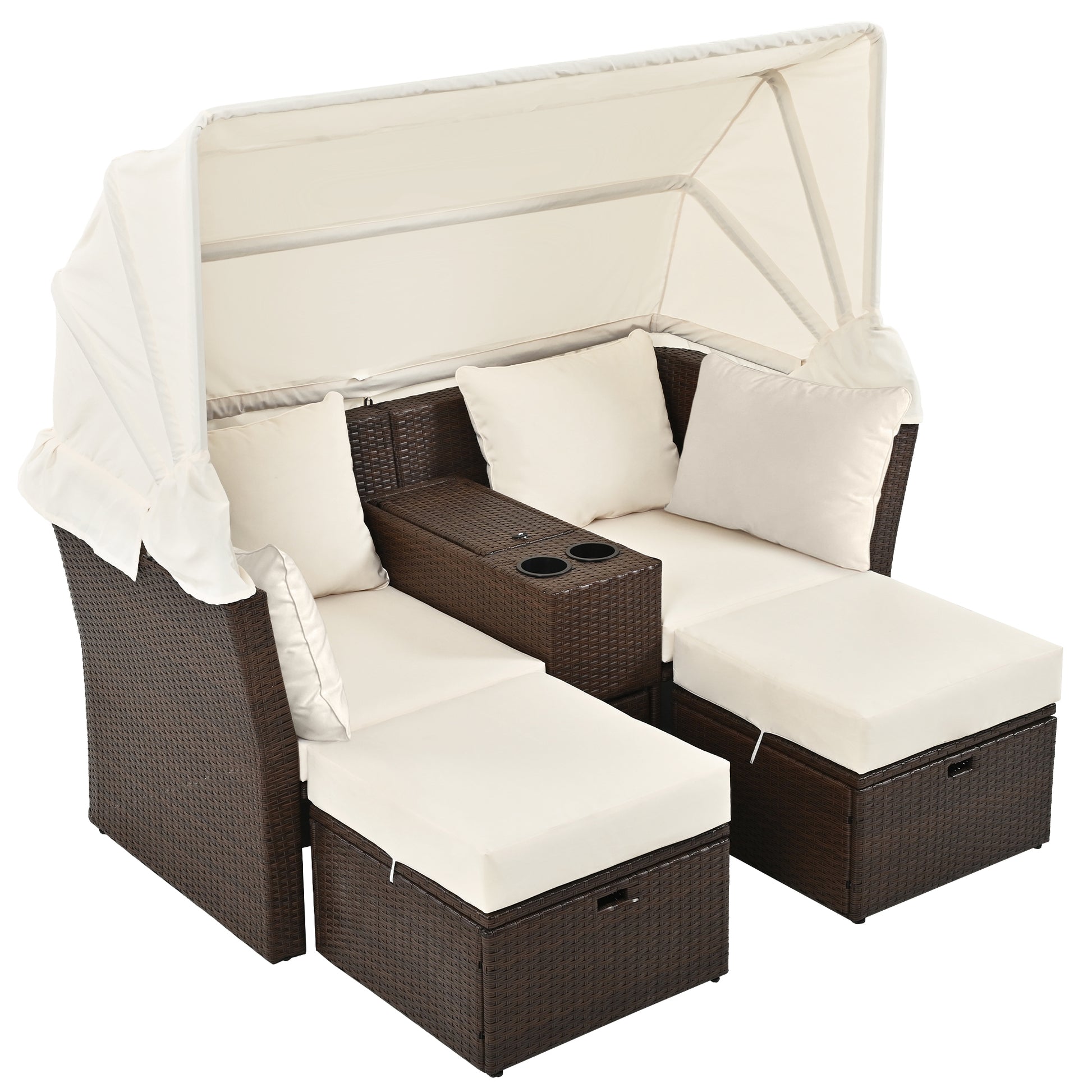 2-Seater Outdoor Patio Daybed Outdoor Double Daybed Outdoor Loveseat Sofa Set with Foldable Awning and Cushions for Garden, Balcony, Poolside, Beige ***(FREE SHIPPING)*** House to Home Furnishings LLC