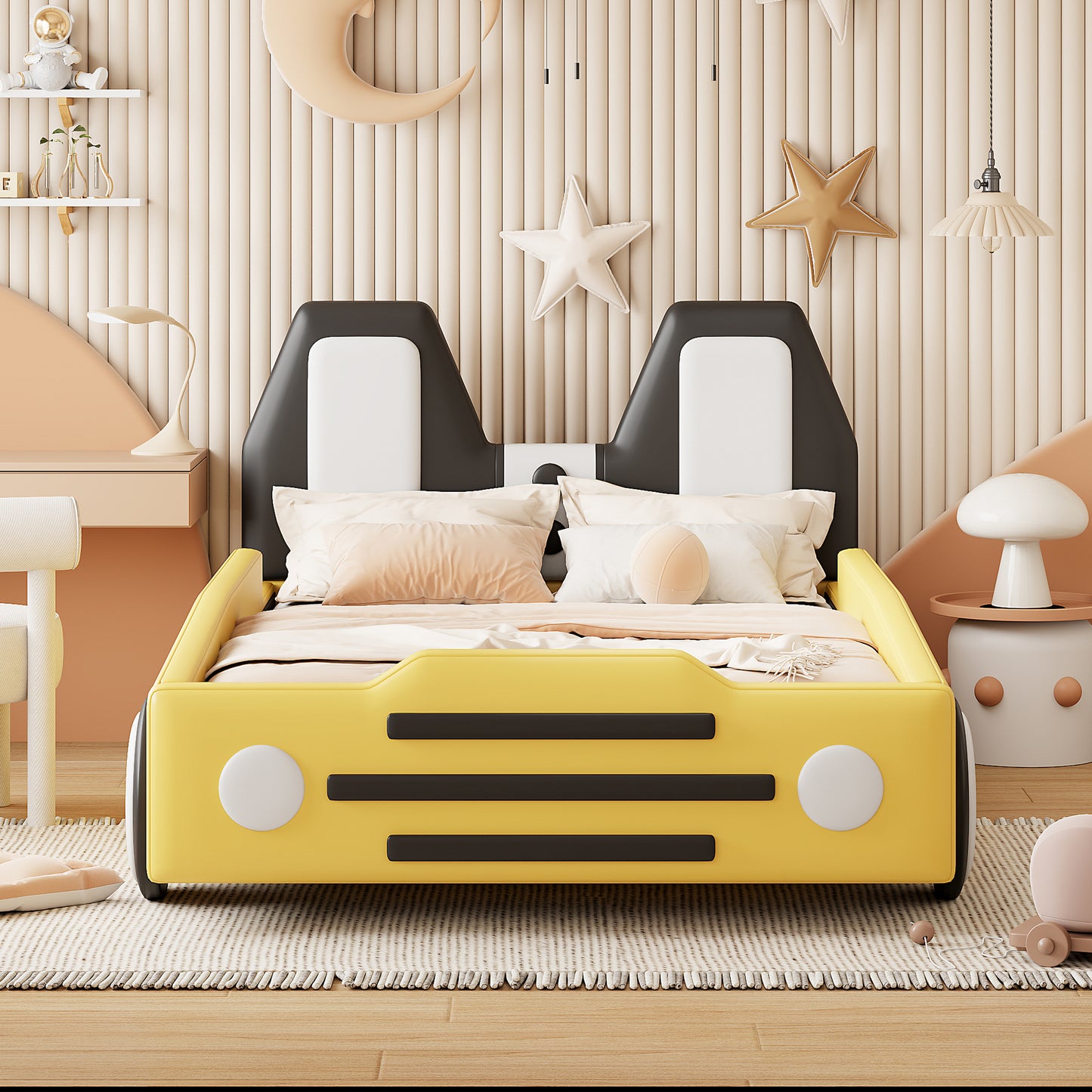 Twin Size Race Car-Shaped Platform Bed with Wheels,Yellow House to Home Furnishings LLC