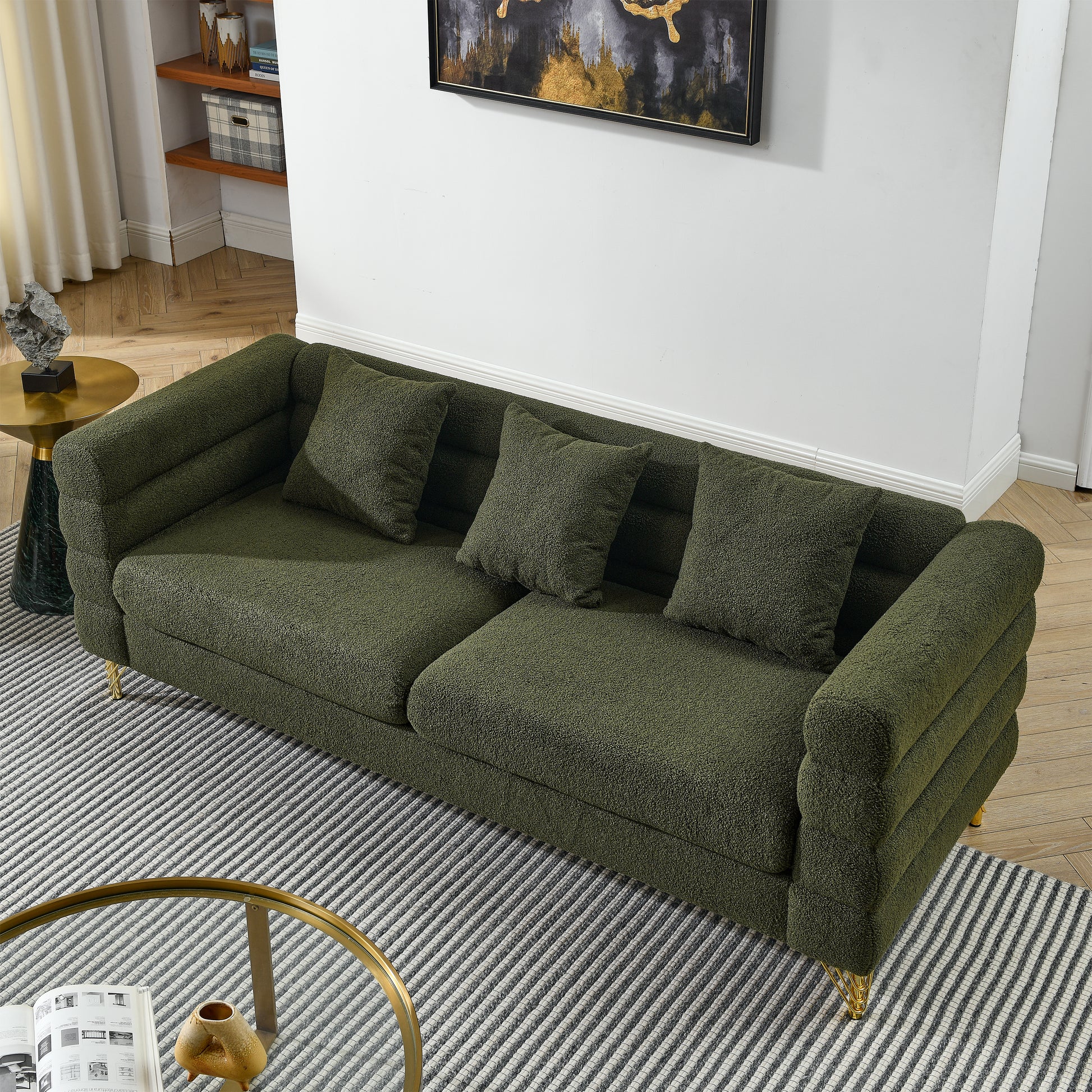 81Inch Oversized 3 Seater Sectional Sofa, Living Room Comfort Fabric Sectional Sofa - Deep Seating Sectional Sofa, Soft Sitting with 3 Pillows for Living Room, Bedroom, Office Green teddy (W834S00033) House to Home Furnishings LLC