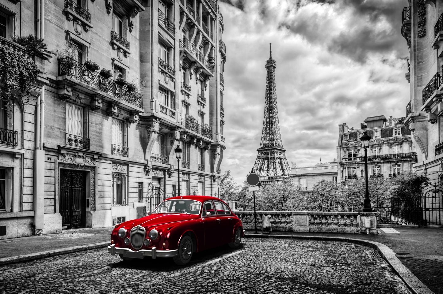 Red Car In Paris - Dark Gray Classy Art