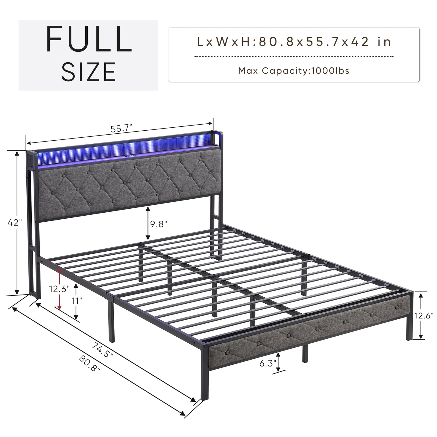 Full Bed Frame with  Storage Headboard, Charging Station and LED Lights, Upholstered Platform Bed with Heavy Metal Slats, No Box Spring Needed, Noise Free, Easy Assembly, Dark Gray House to Home Furnishings LLC