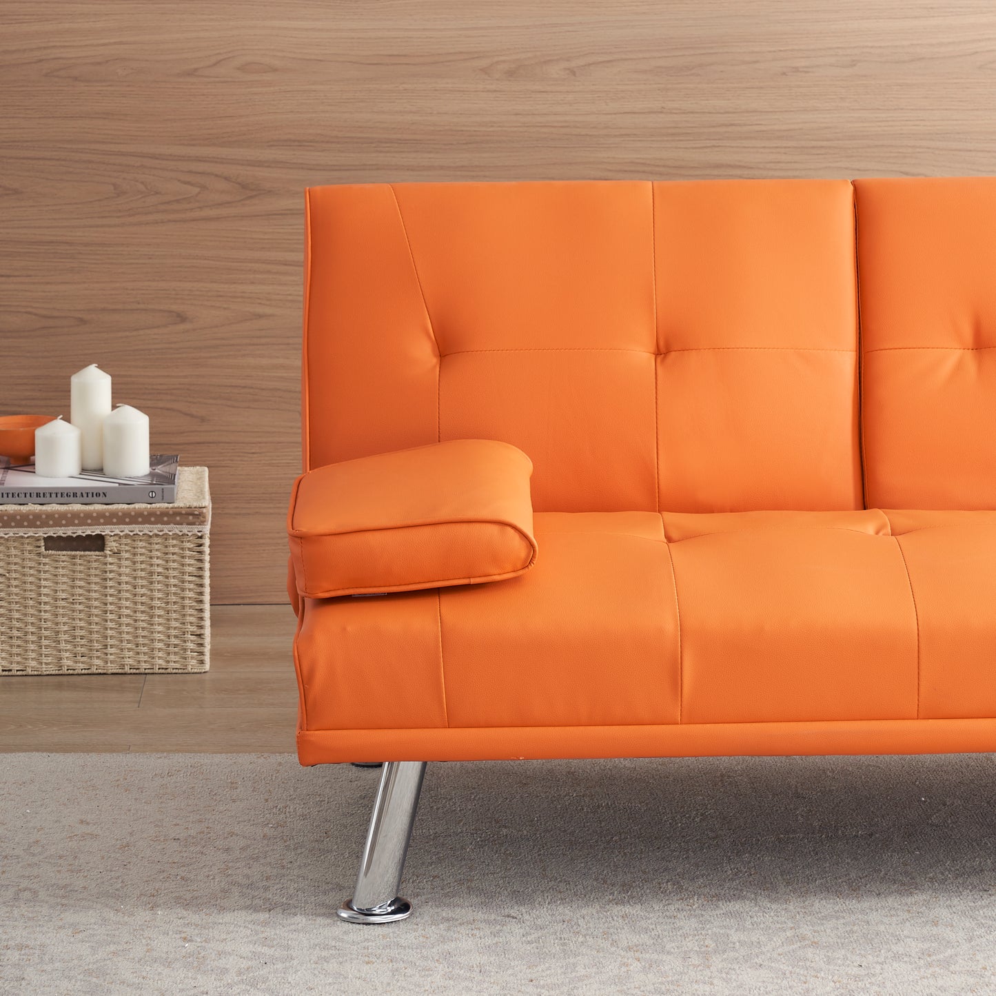 67" Orange Leather Multifunctional Double Folding Sofa Bed for Office with Coffee Table House to Home Furnishings LLC