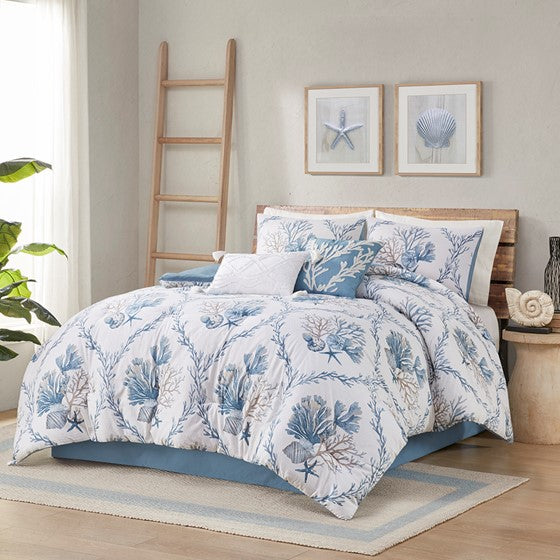 6 Piece Oversized Cotton Comforter Set with Throw Pillows Blue/White Olliix.com