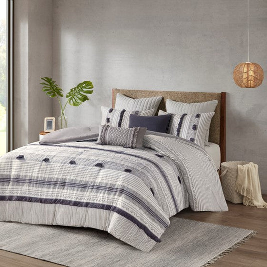 3 Piece Cotton Comforter Set Gray/Navy Full/Queen Olliix.com