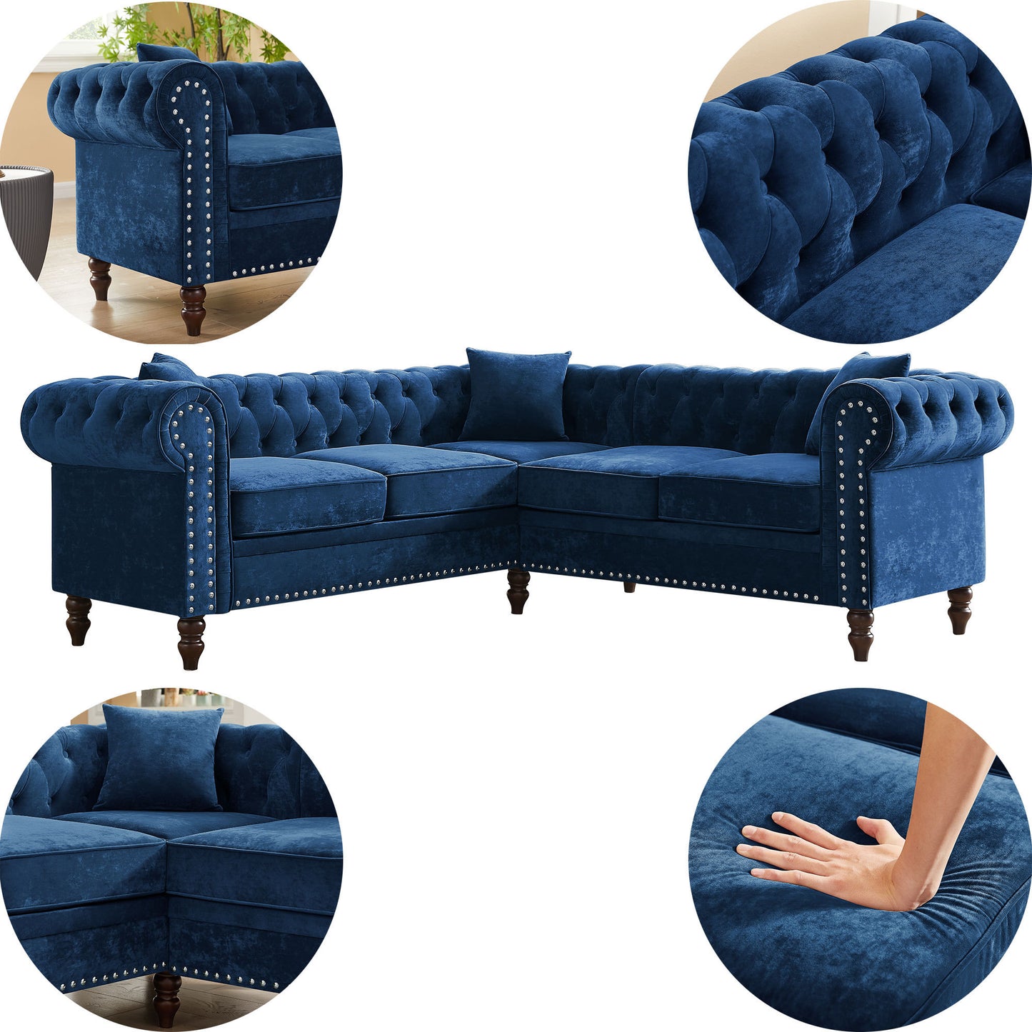 80" Inch Deep Button Tufted Upholstered Roll Arm Luxury Classic Chesterfield L-shaped Sofa 3 Pillows Included, Solid Wood Gourd Legs, Blue Velvet House to Home Furnishings LLC