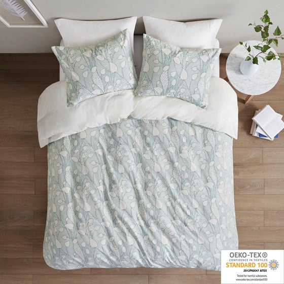 3 Piece Vine Printed Cotton Comforter Set Aqua Full/Queen Olliix.com