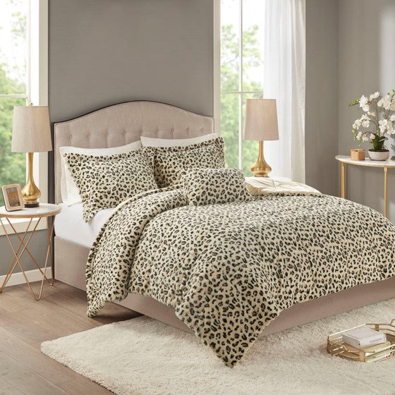 4PC Faux Fur Comforter Set Cheetah King Olliix.com