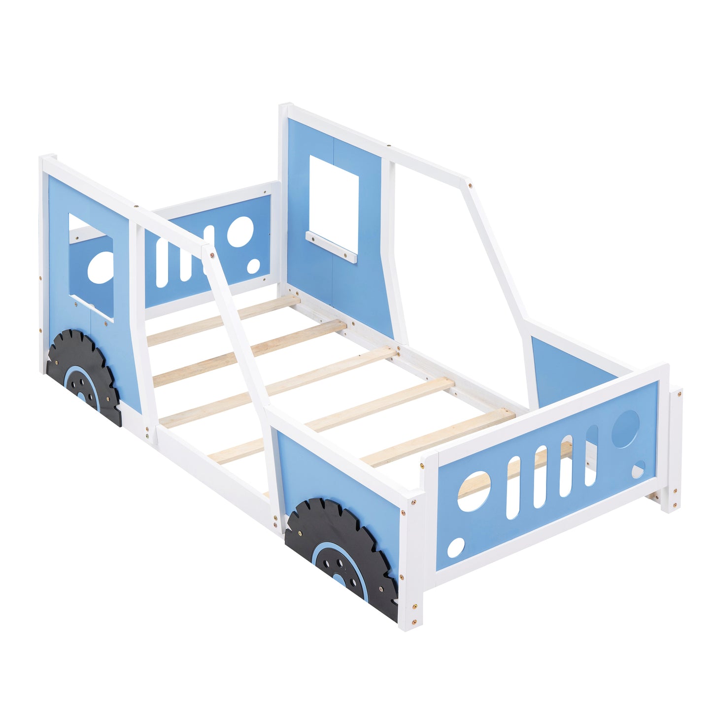 Twin Size Classic Car-Shaped Platform Bed with Wheels,Blue House to Home Furnishings LLC