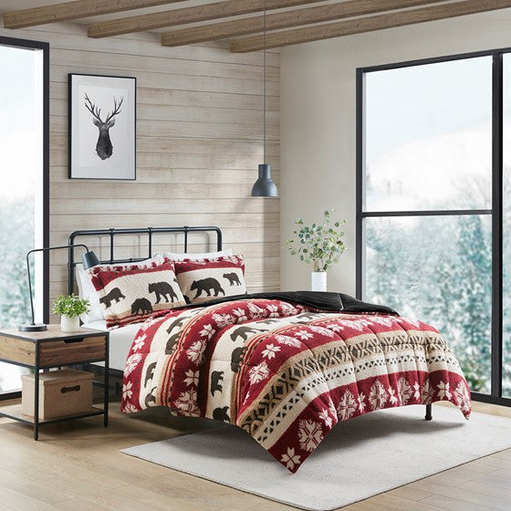 Print Sherpa Comforter Set Red/Black Full/Queen Olliix.com