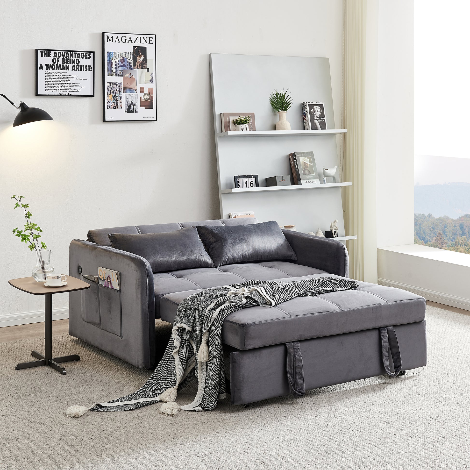 55.5" Twins Pull Out Sofa Bed  Grey Velvet House to Home Furnishings LLC