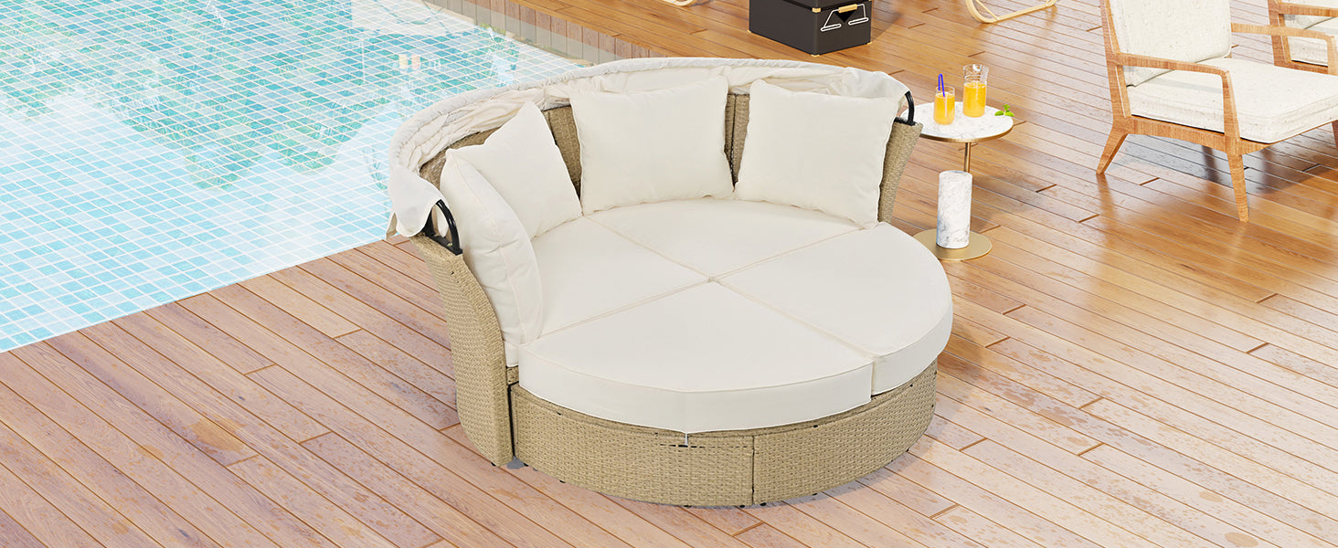 Outdoor Patio Daybed Wicker Rattan Double Daybed Round Sofa Furniture Set with Retractable Canopy, 4 Pillows for Lawn Garden Backyard Porch Pool, Beige House to Home Furnishings LLC