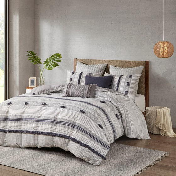 3 Piece Cotton Duvet Cover Set Gray/Navy Full/Queen Olliix.com