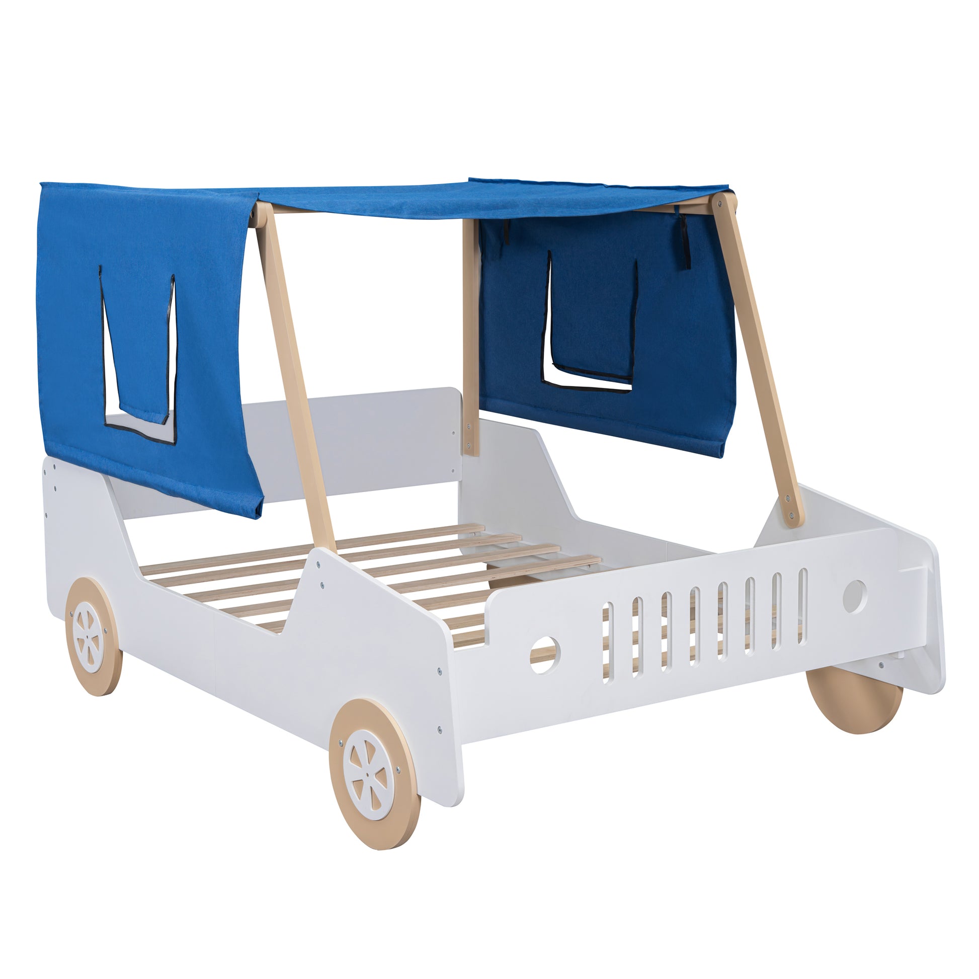 Full Size Car Shaped Bed with Tents,White+Natural House to Home Furnishings LLC