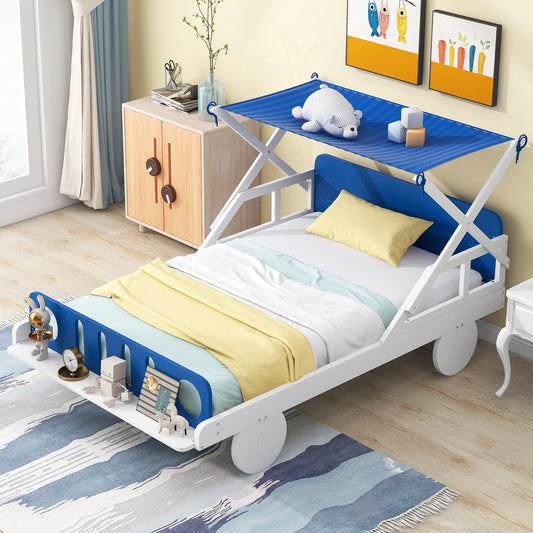 Wood Twin Size Car Bed with Ceiling Cloth, Headboard and Footboard, White+Blue House to Home Furnishings LLC