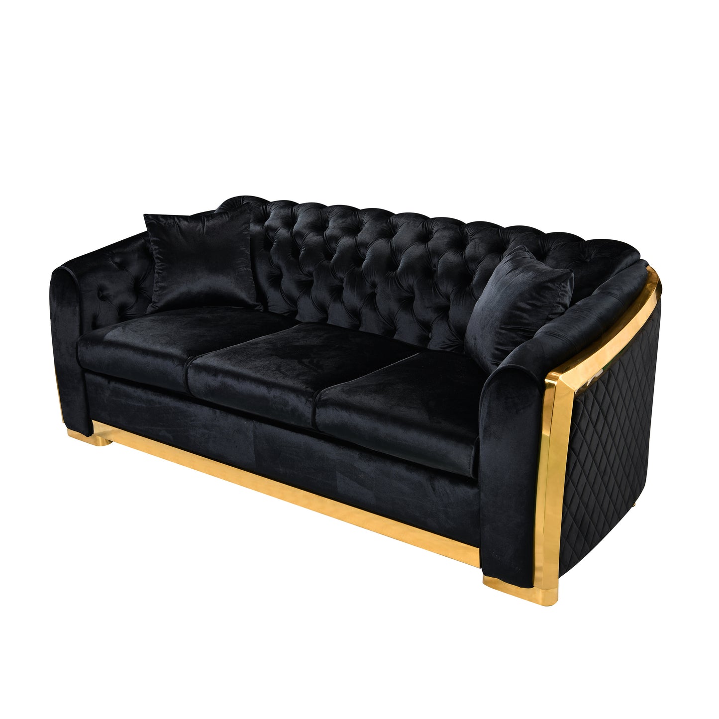 Velvet Luxury Chesterfield Sofa Set, 84 Inches Tufted 3 Seat Couch with Gold Stainless for Living Room, Black Fabric House to Home Furnishings LLC