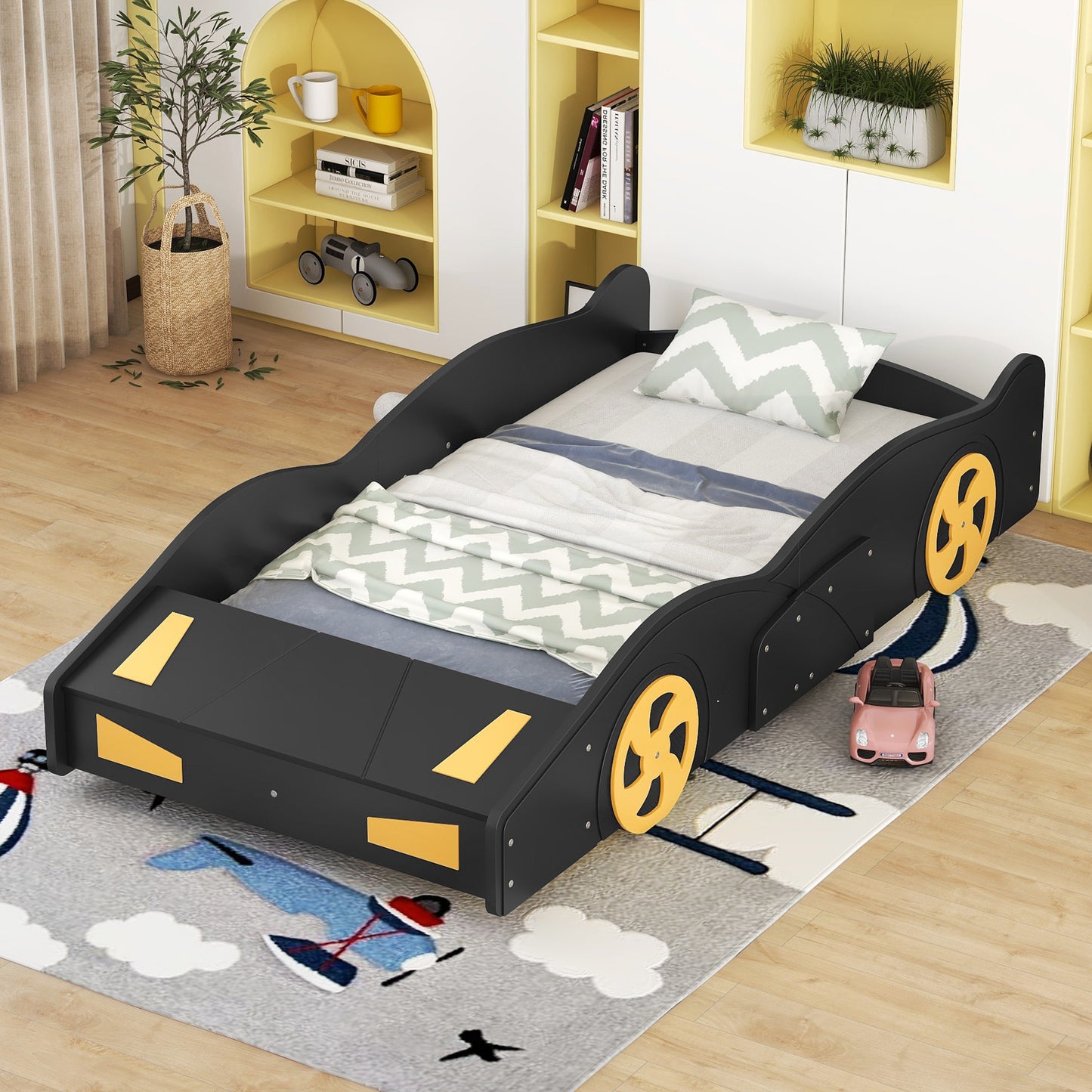 Twin Size Race Car-Shaped Platform Bed with Wheels and Storage, Black+Yellow House to Home Furnishings LLC