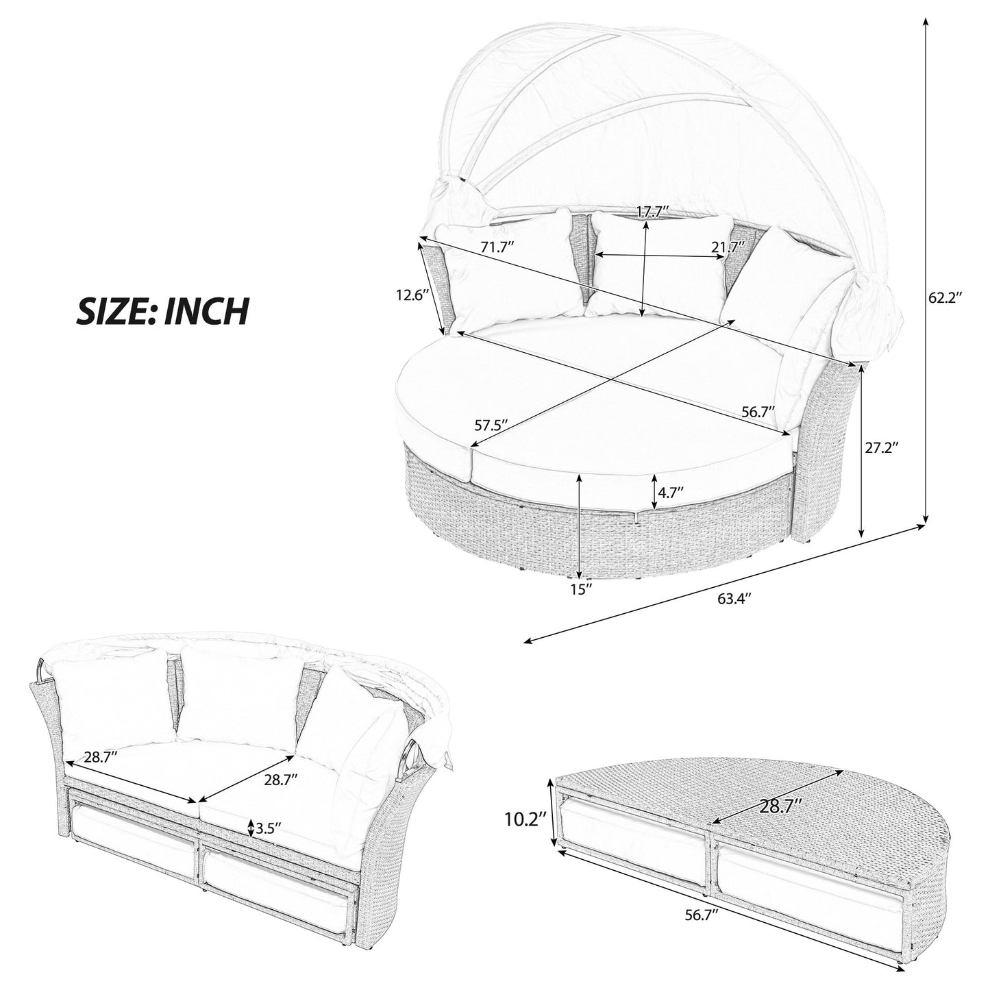 Outdoor Patio Daybed Wicker Rattan Double Daybed Round Sofa Furniture Set with Retractable Canopy, 4 Pillows for Lawn Garden Backyard Porch Pool, Beige House to Home Furnishings LLC