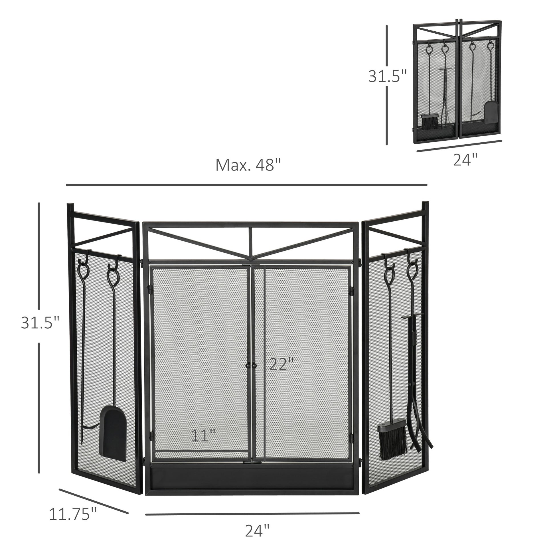 3-Panel Folding Fireplace Screen with 2 Magnetic Doors and Fire Place Tools Set, Fire Spark Guard for Wood Burning, with Brush, Shovel, Poker, Firewood Tongs, 48" x 0.75", Black House to Home Furnishings LLC