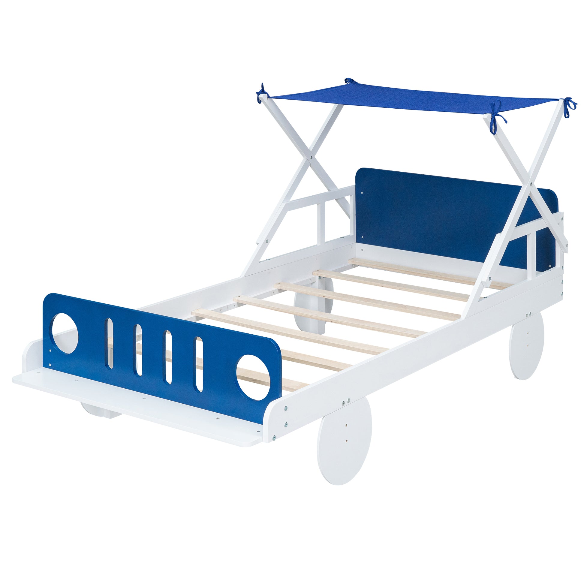 Wood Twin Size Car Bed with Ceiling Cloth, Headboard and Footboard, White+Blue House to Home Furnishings LLC