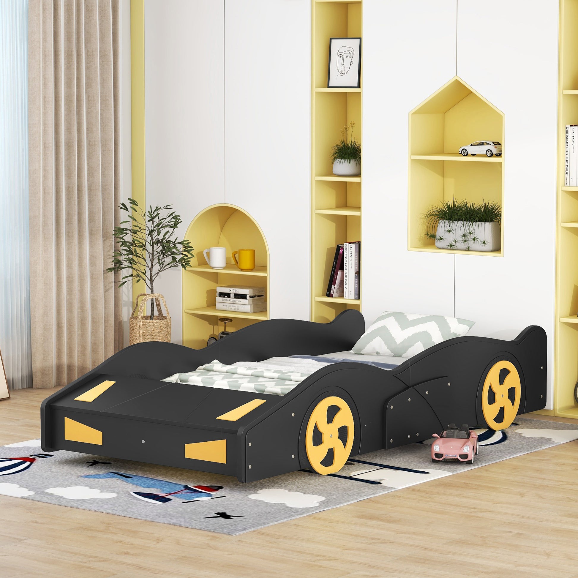 Twin Size Race Car-Shaped Platform Bed with Wheels and Storage, Black+Yellow House to Home Furnishings LLC