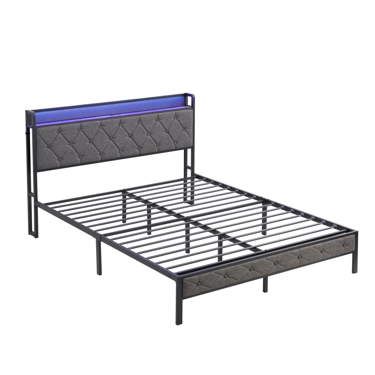 Full Bed Frame with  Storage Headboard, Charging Station and LED Lights, Upholstered Platform Bed with Heavy Metal Slats, No Box Spring Needed, Noise Free, Easy Assembly, Dark Gray House to Home Furnishings LLC