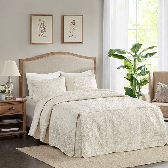 3 Piece Split Corner Pleated Quilted Bedspread Cream Queen Olliix.com