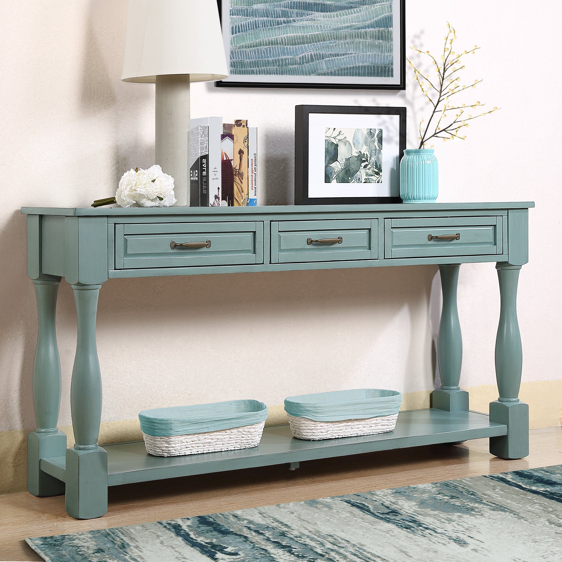 63inch Long Wood Console Table with 3 Drawers and 1 Bottom Shelf for Entryway Hallway Easy Assembly Extra-thick Sofa Table ( Retro Blue) House to Home Furnishings LLC