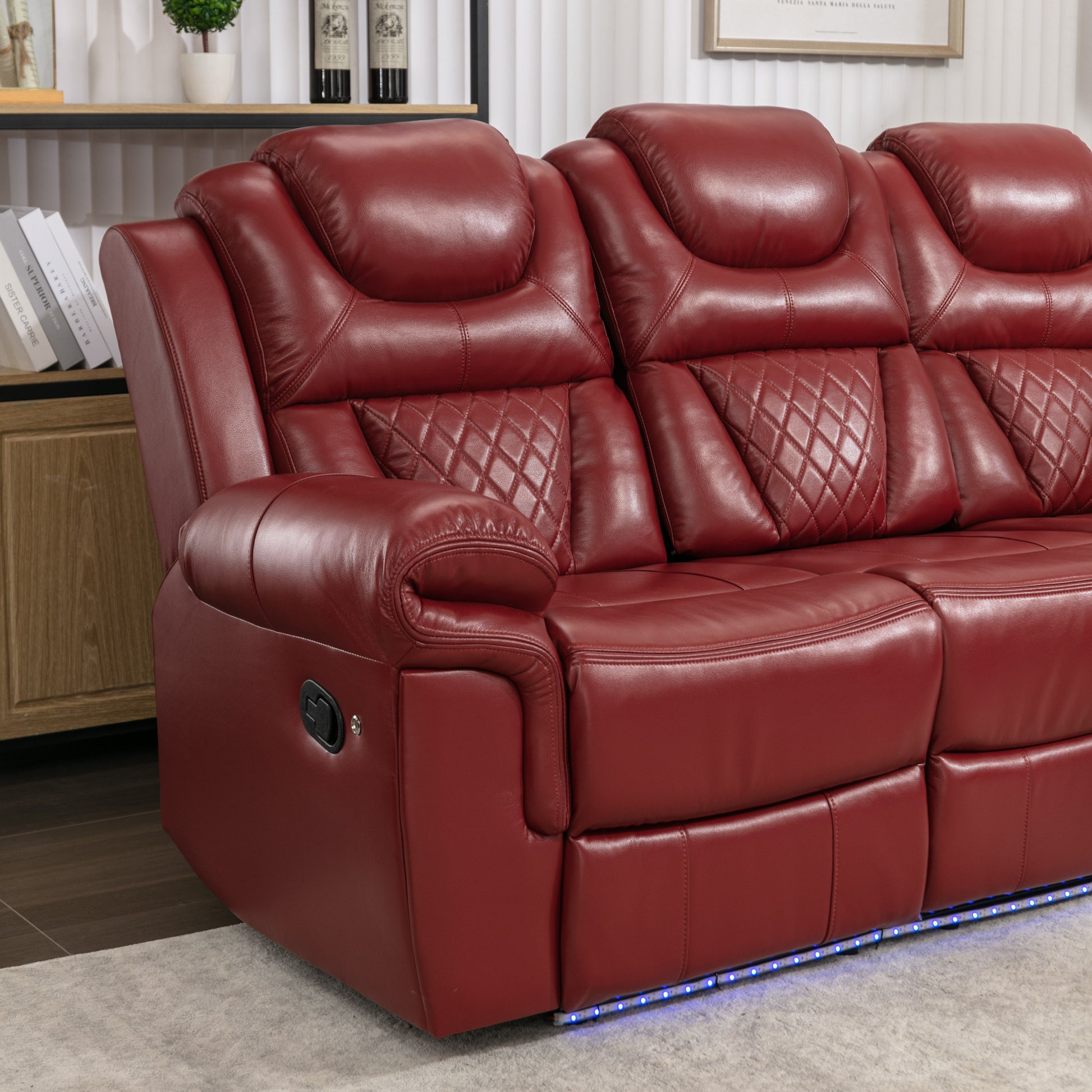 3 Pieces Recliner Sofa Sets Home Theater Seating Manual Recliner Chair with Center Console and LED Light Strip for Living Room, Wind Red House to Home Furnishings LLC