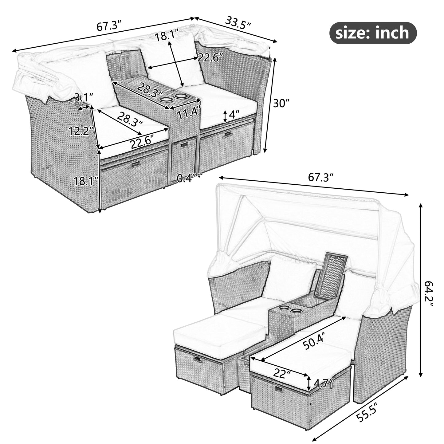 2-Seater Outdoor Patio Daybed Outdoor Double Daybed Outdoor Loveseat Sofa Set with Foldable Awning and Cushions for Garden, Balcony, Poolside, Beige ***(FREE SHIPPING)*** House to Home Furnishings LLC