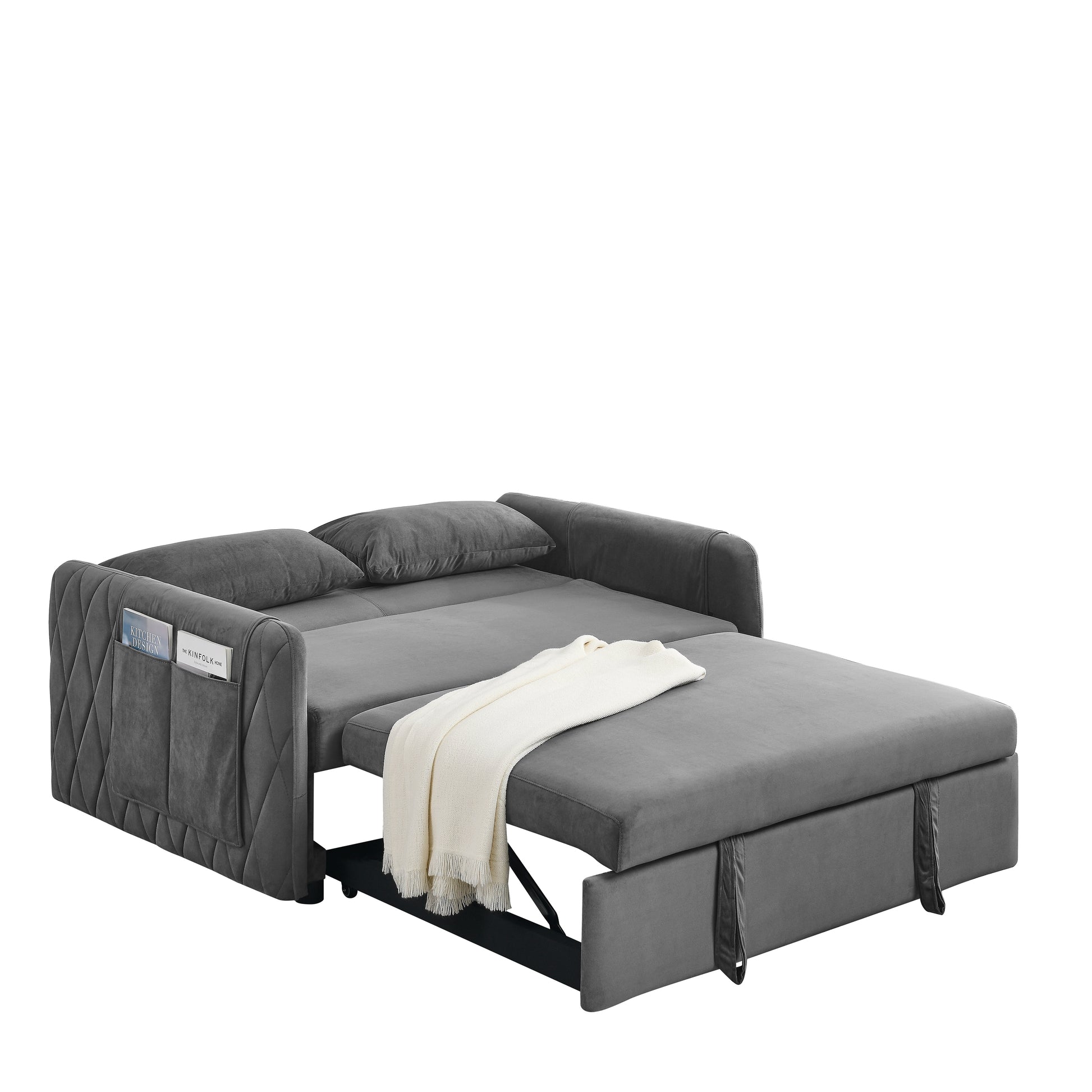 55" Modern Convertible Sofa Bed with 2 Detachable Arm Pockets, Velvet Loveseat Sofa with Pull Out Bed, 2 Pillows and Living Room Adjustable Backrest, Grid Design Armrests House to Home Furnishings LLC