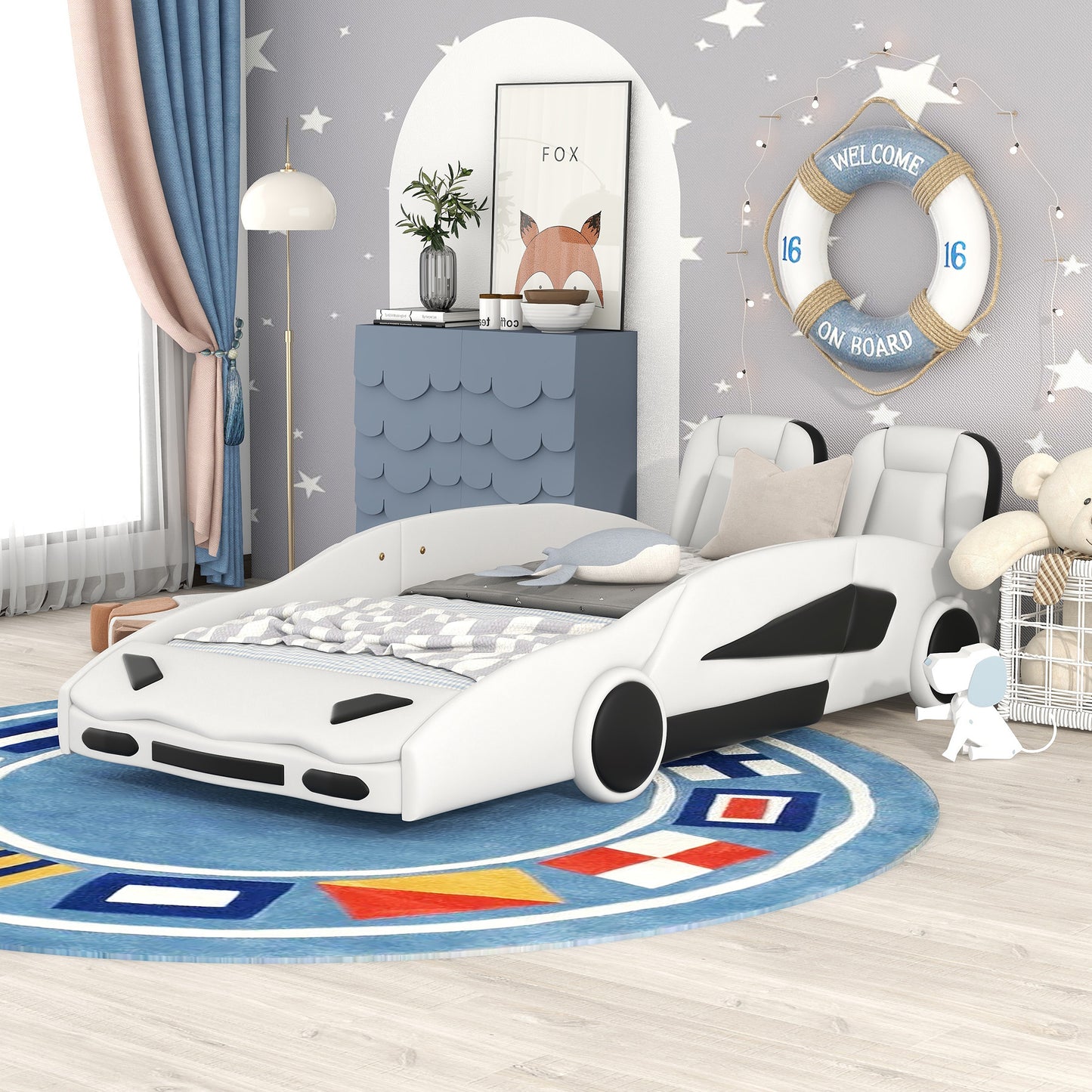 Twin Size Race Car-Shaped Platform Bed with Wheels, White House to Home Furnishings LLC