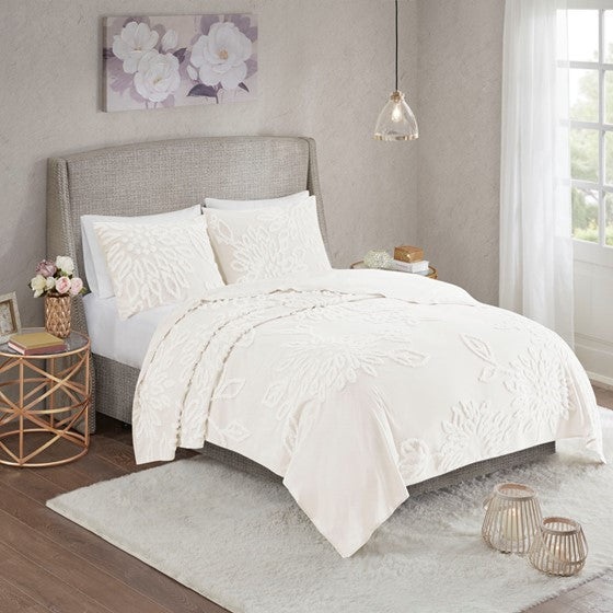 3 Piece Tufted Cotton Chenille Floral Coverlet Set Off-White Full/Queen Olliix.com