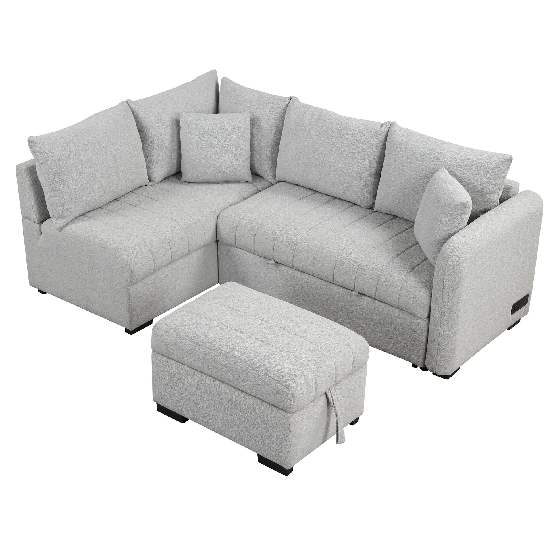 82.6" L-shaped Sectional Pull Out Sofa Bed Sleeper Sofa with Two USB Ports, Two Power Sockets and a Movable Storage Ottoman, Gray ***(FREE SHIPPING)*** House to Home Furnishings LLC