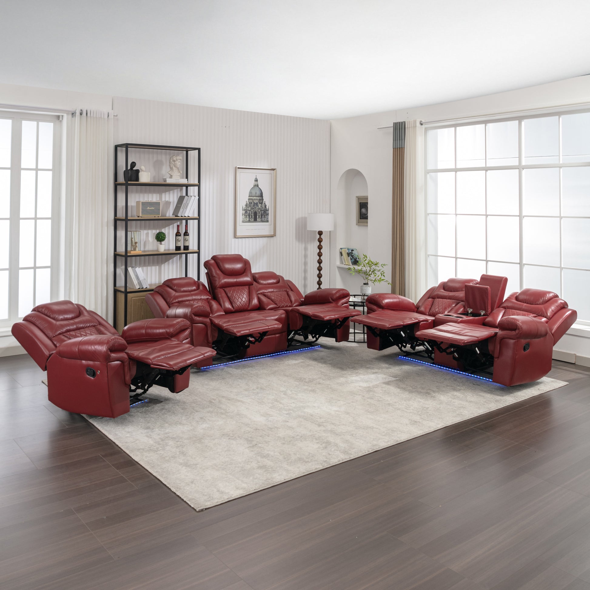 3 Pieces Recliner Sofa Sets Home Theater Seating Manual Recliner Chair with Center Console and LED Light Strip for Living Room, Wind Red House to Home Furnishings LLC