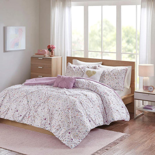 Abby Casual Metallic Printed and Pintucked Comforter Plum Full/Queen Olliix.com