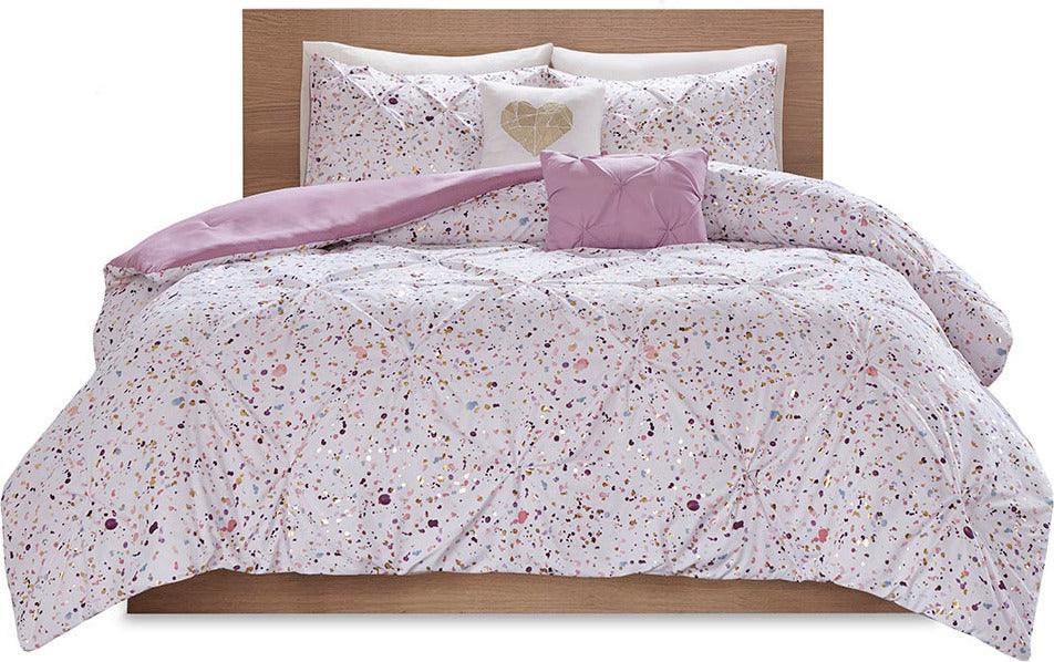 Abby Casual Metallic Printed and Pintucked Comforter Plum Full/Queen Olliix.com