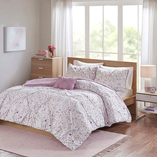 Abby Full/Queen Metallic Printed and Pintucked Duvet Cover Set Plum Olliix.com