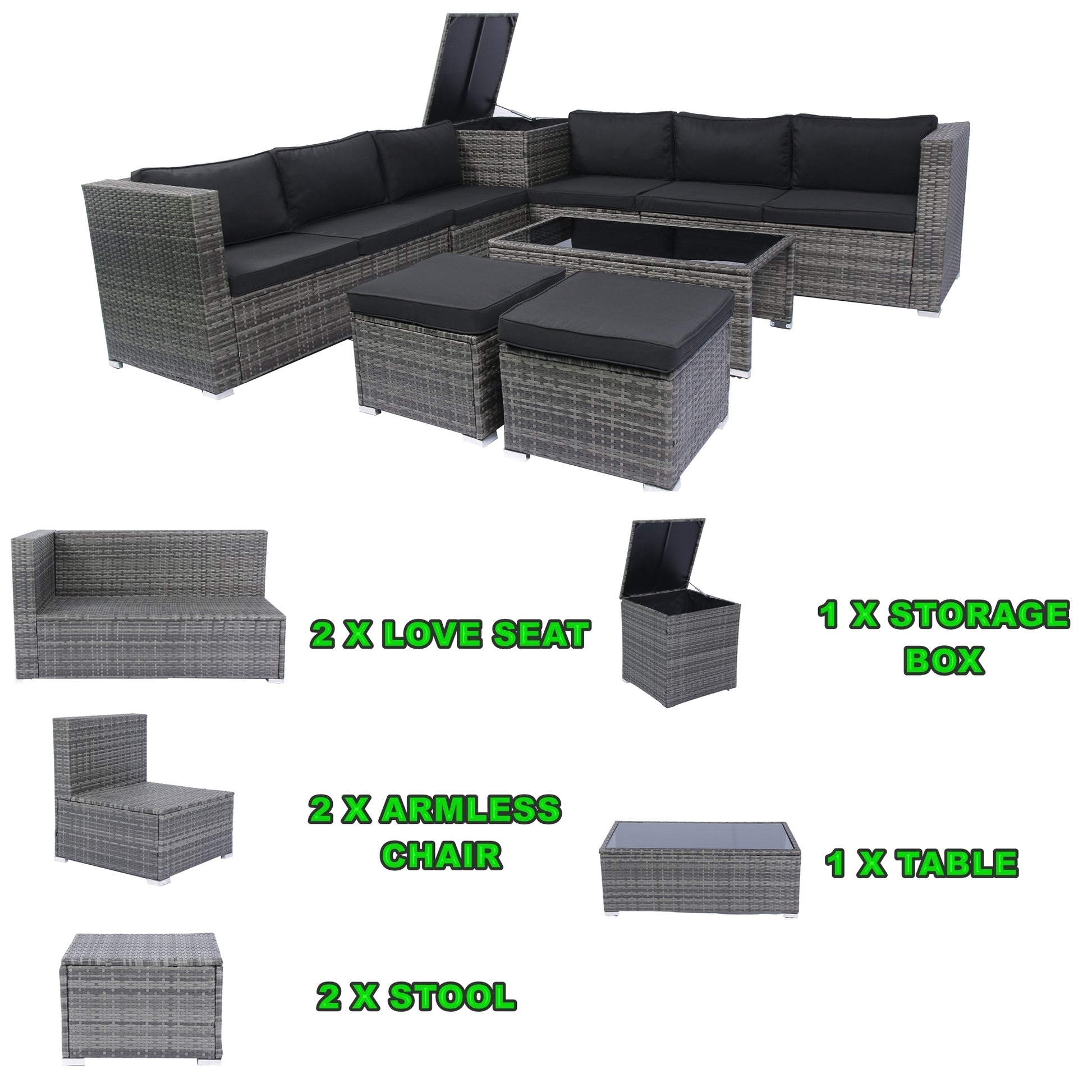 8 Piece Patio Outdoor Sectional Wicker Rattan Outdoor Furniture Sofa Set with One Storage Box Under Seat and Cushion Box Grey wicker + Black Cushion + Clear Glass Top House to Home Furnishings LLC