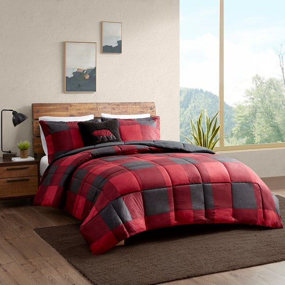 Down Alternative Comforter Set Red/Black Buffalo Check Twin Olliix.com