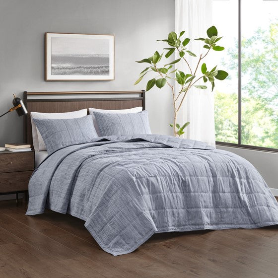 3 Piece Striated Cationic Dyed Oversized Quilt Set Blue Full/Queen Olliix.com