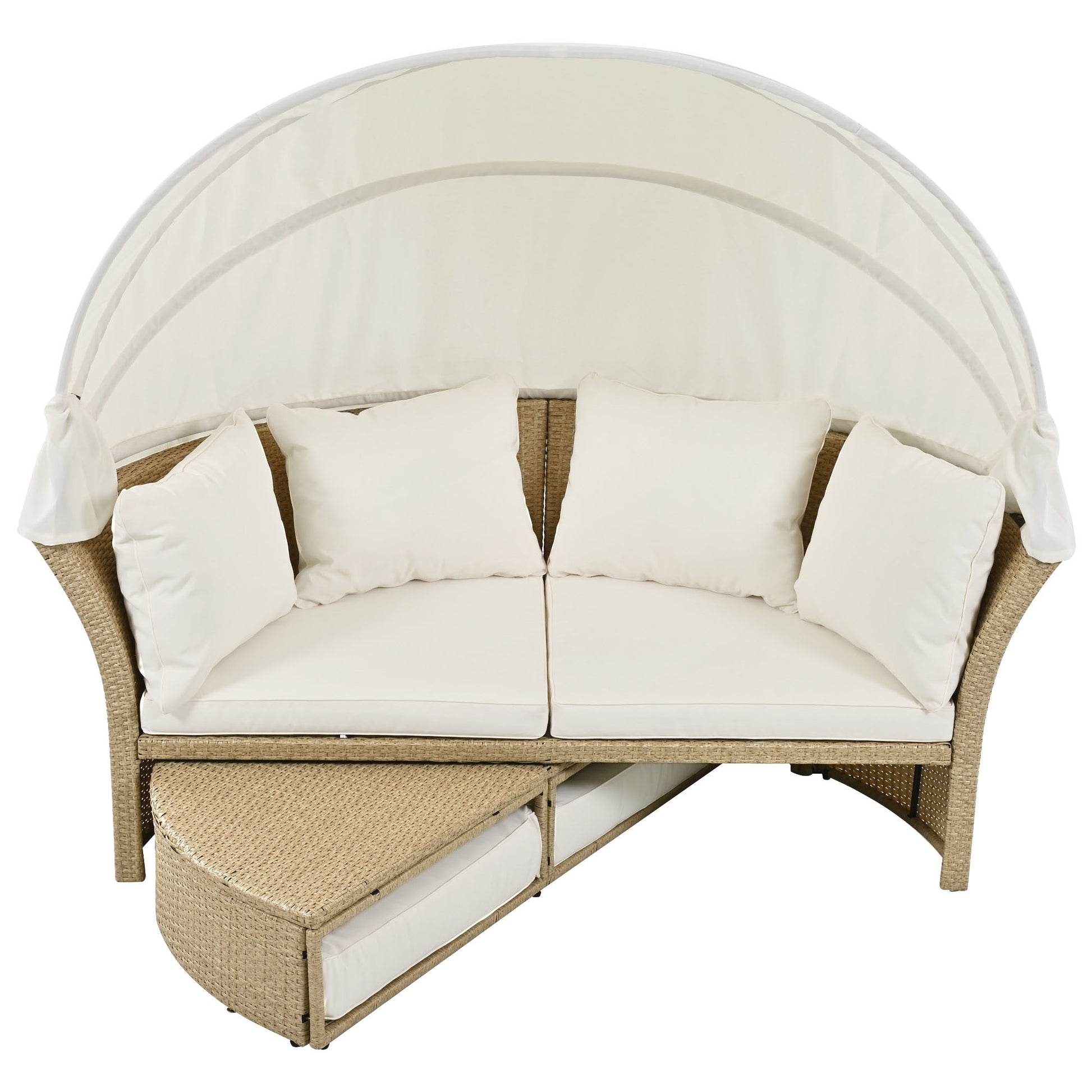 Outdoor Patio Daybed Wicker Rattan Double Daybed Round Sofa Furniture Set with Retractable Canopy, 4 Pillows for Lawn Garden Backyard Porch Pool, Beige House to Home Furnishings LLC