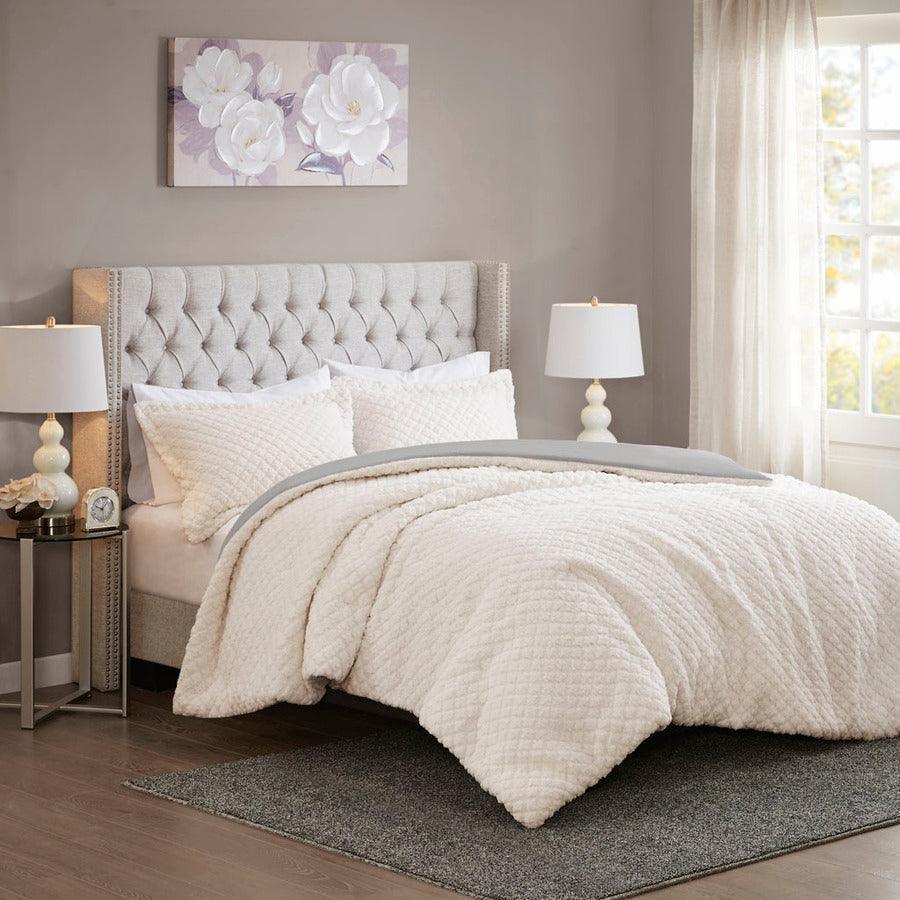 Adler 90"x90" Reversible Textured Sherpa Full/Queen Comforter Set Ivory Olliix.com