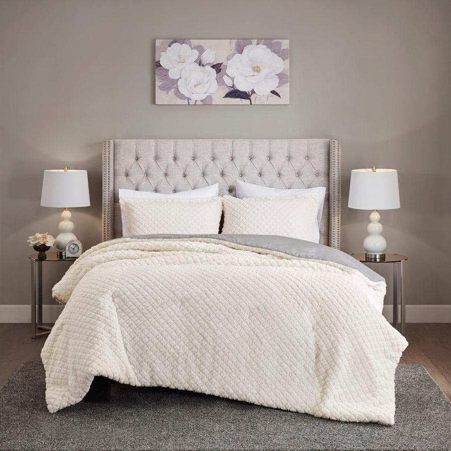 Adler 90"x90" Reversible Textured Sherpa Full/Queen Comforter Set Ivory Olliix.com