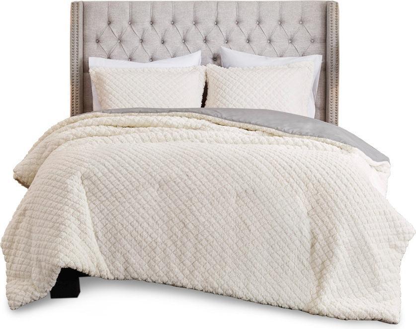 Adler 90"x90" Reversible Textured Sherpa Full/Queen Comforter Set Ivory Olliix.com