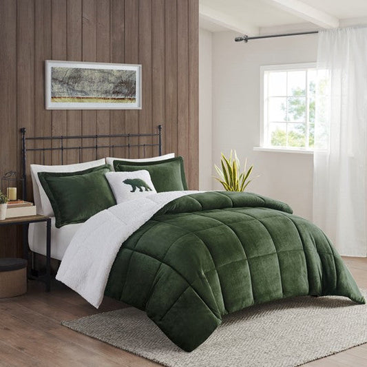 Plush to Sherpa Down Alternative Comforter Set Green/Ivory Full/Queen Olliix.com